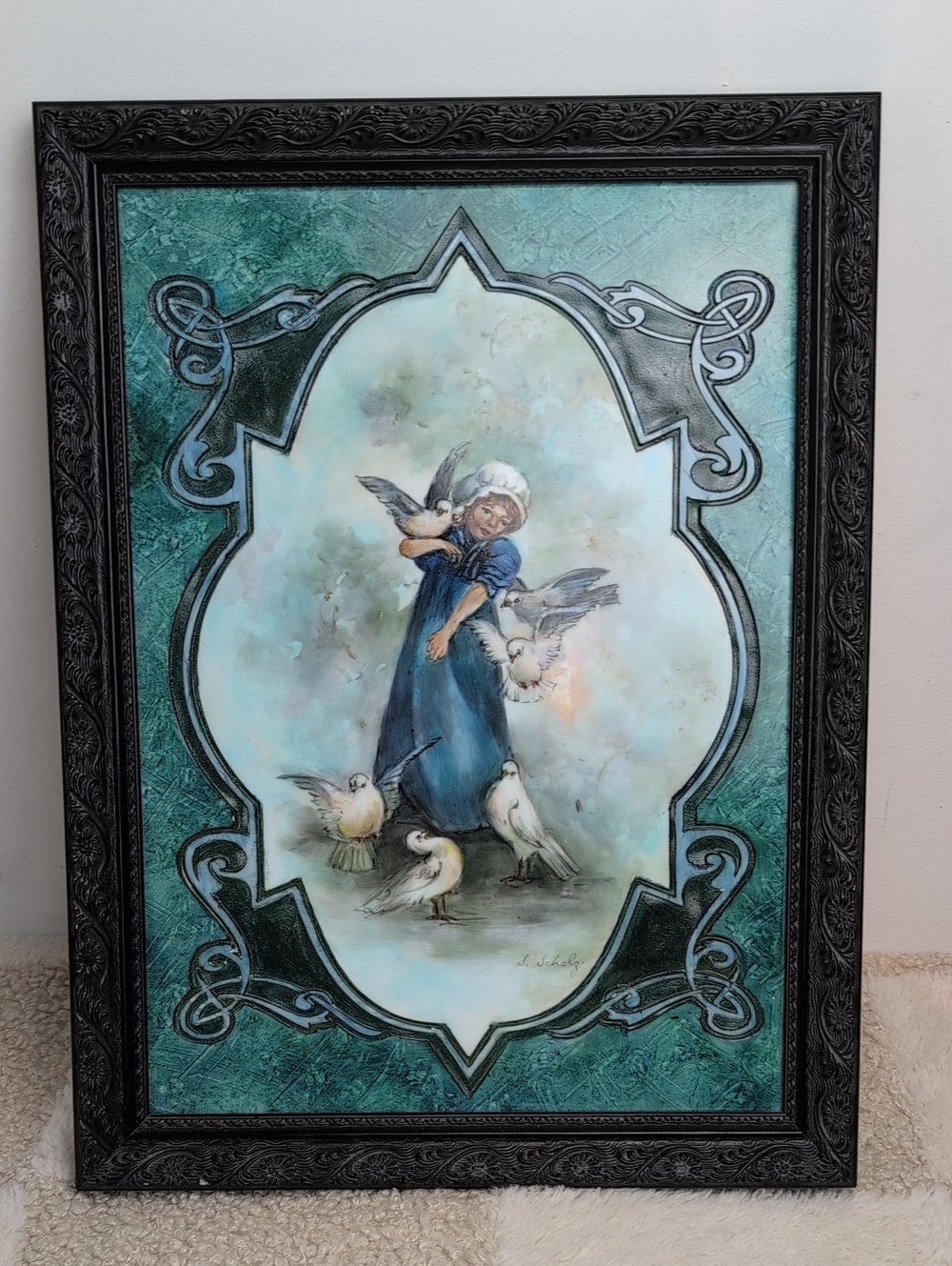 Hand Painted Signed Framed Girl with Doves Wall Art - Teal and Blue